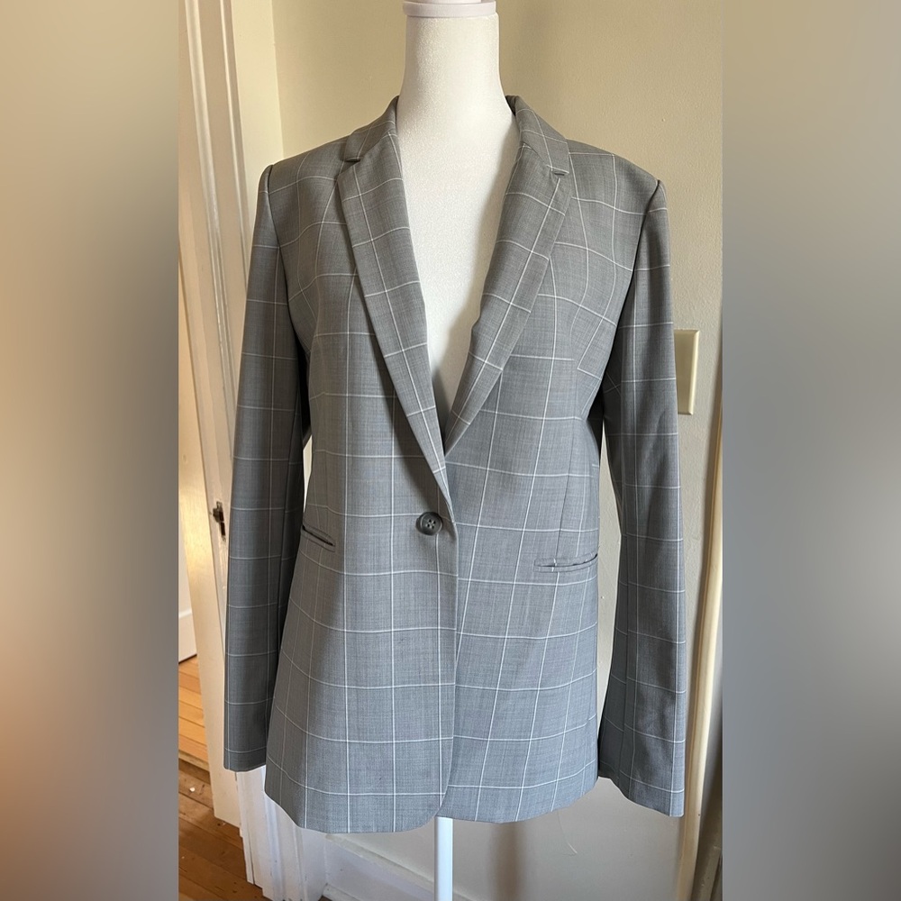 Theory Essential Cyrus Grid Plaid Jacket Wool Blend Blazer Gray Women’s Size 8